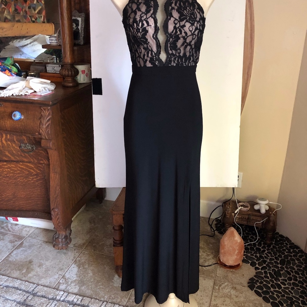 Black long gown with lace top and side slit